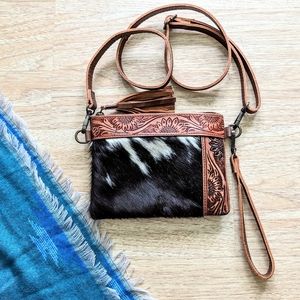 Genuine Cow Hair on Hide and Tooled Leather Crossbody / Wristlet